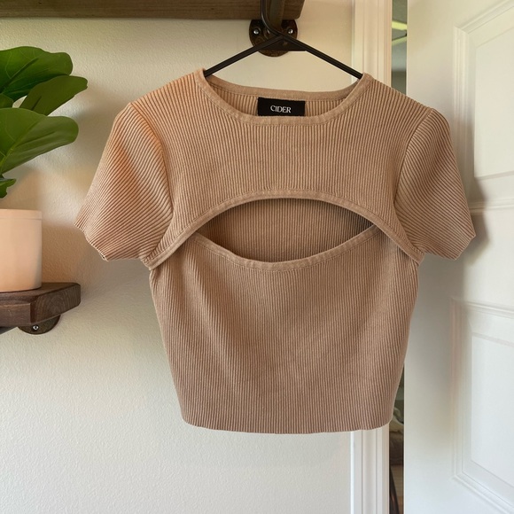 Cider Tops - Cider Beige Ribbed Cut-Out Crop Top